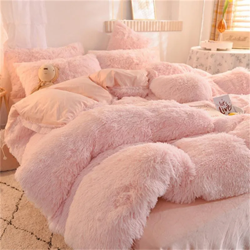 寝具セット冬の濃い暖かいミンクベルベット4ピース豪華なソフトピンクコーラルファラクラウドキルトカバーシート布団