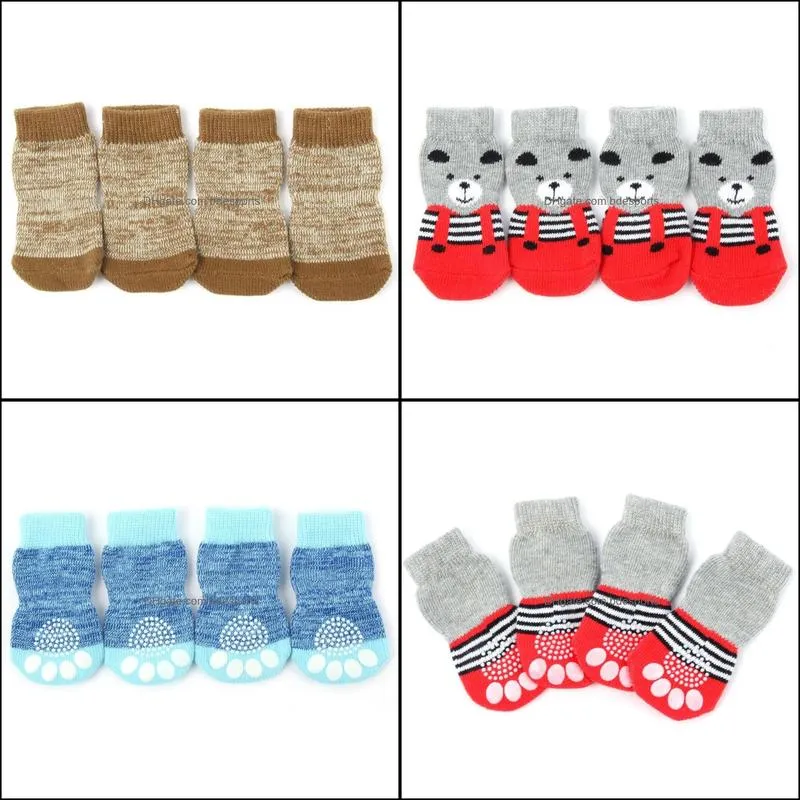 4pcs Pet Small Dog Warm Soft Socks Anti-slip Cotton Knit Socks Skid Bottom