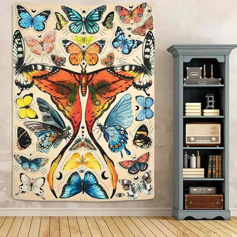 Multi Color Butterfly Retro Art Stora väggmattor Mandala vägg hängande filtdekor sovrum blommor växt estetik rum dekor j220804