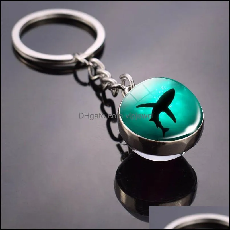 Custom Key Rings Sea Animals Keychain Turtle Starfish Shark Jellyfish  Pattern Double Side Glass Ball Pendant Keyring