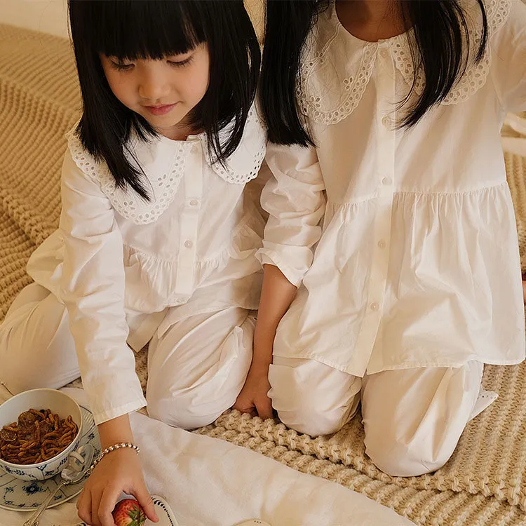 Kid Girls Lolita broderad Turndown -krage pyjama sätter vintage småbarn barn pyjamas set sömn loungewear childrens kläder 220714