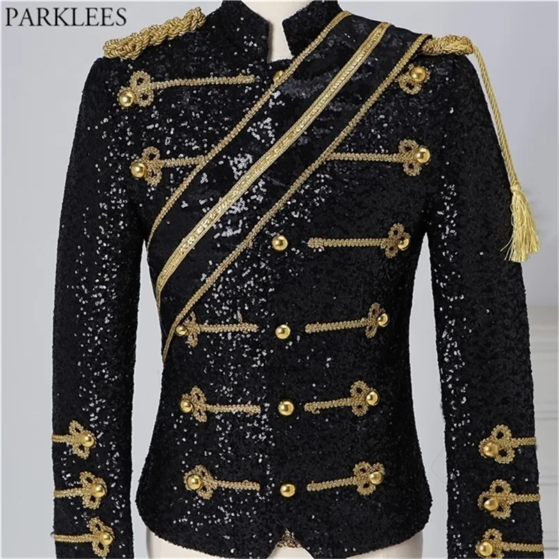 رجالي الترتر الأسود Steampunk Blazer سترة Stand Stand Tassel بليزرز Men Nightclub Party Prom Rock and Roll Comple 3XL 220815