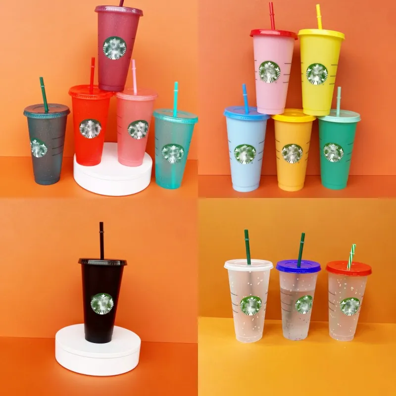 Máquina UV Starbucks impressão não feita de 24 oz Canecas de cor, troca de suco de plástico com lábio e palha de café Magic Copo personalizado 5 peças 581 E3