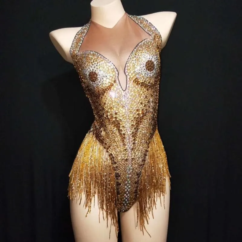 Kvinnors två bit byxor sexig guld rhinestone tofs bodysuits kvinnor stretch dansare kristall fransar leotard nattklubb showgirl scen performa