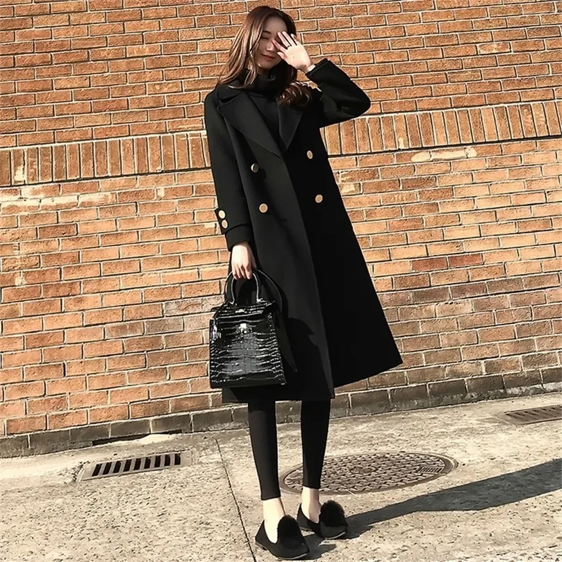 Mulheres Winter estilo coreano Black Long Wool Blend Trench Coat Casaties Fashion Windbreaker Roupos 2xl 201222