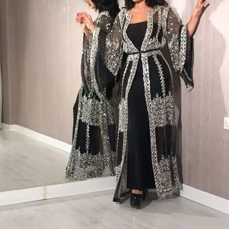 민족 의류 2021 Abaya 두바이 이슬람 드레스 럭셔리 고급 스팽글 자수 레이스 라마단 Kaftan 이슬람 기모노 여성 터키어 Eid Mubara