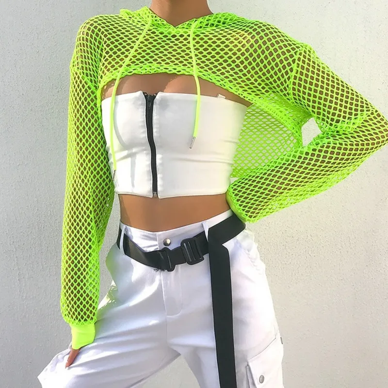 Spring Street Giyim Neon Yeşil Mesh Fishnet Üstü Kadınlar Tshirt Perspektif Uzun Kollu Kadın T-Shirts Seksi Kırpılmış Gömlek