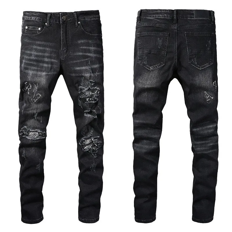 Męskie czarne dżinsy dla facetów Zerwane kolano Slim Fit Pantne Ubranie motocykla dżins
