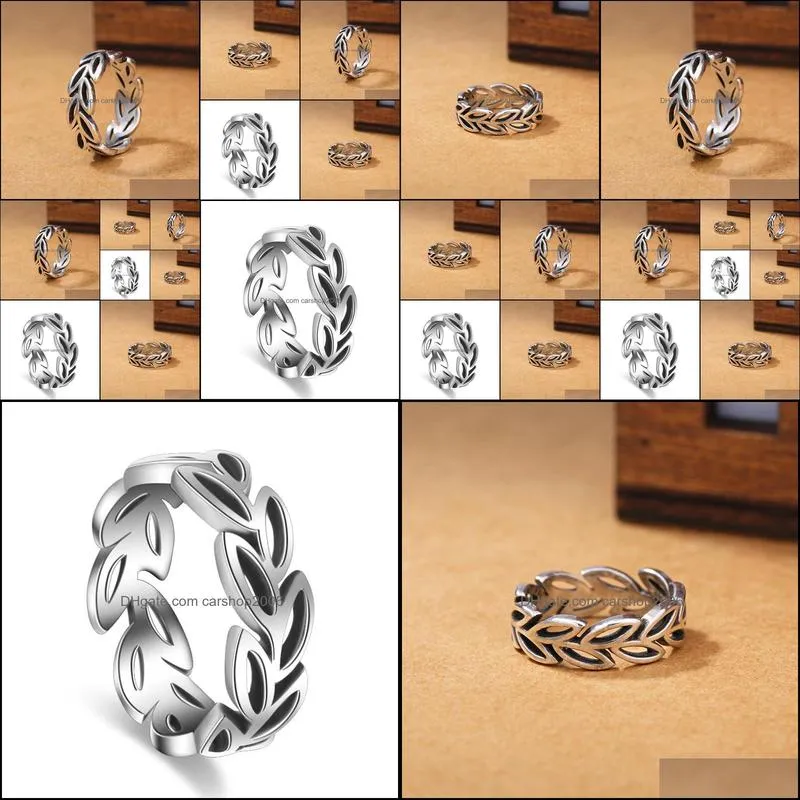 S925 Silver Antique Band Rings Hollow out Leaves Adjustable Women Jewelry