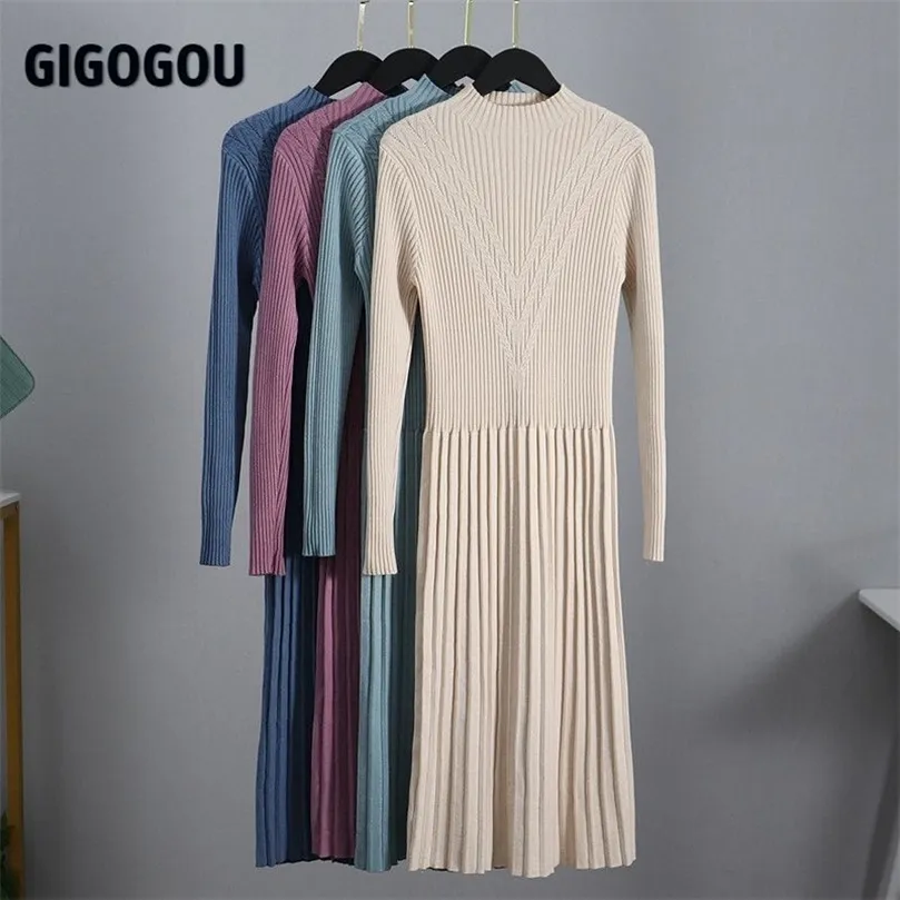 GIGOGOU Chic Long Knit Maxi Women Maglione Abito spesso caldo inverno abito pieghettato femminile a costine dolcevita una linea abito Office Lady 210303