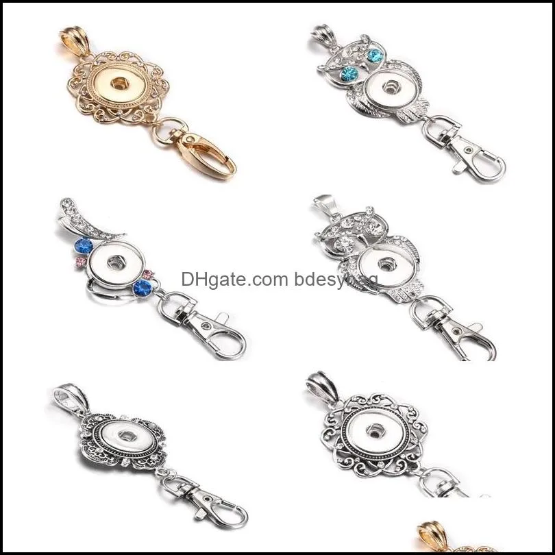 6 styles owl rhinestones ginger snap chunks keychains lanyard hook key chain diy snap necklace jewelry keyrings