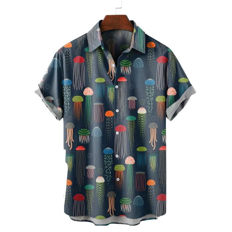 Chemises décontractées pour hommes chemise hawaïenne pour hommes revers dessin animé méduses imprimé bouton à manches courtes Style drôle chemise de vacances pour hommes