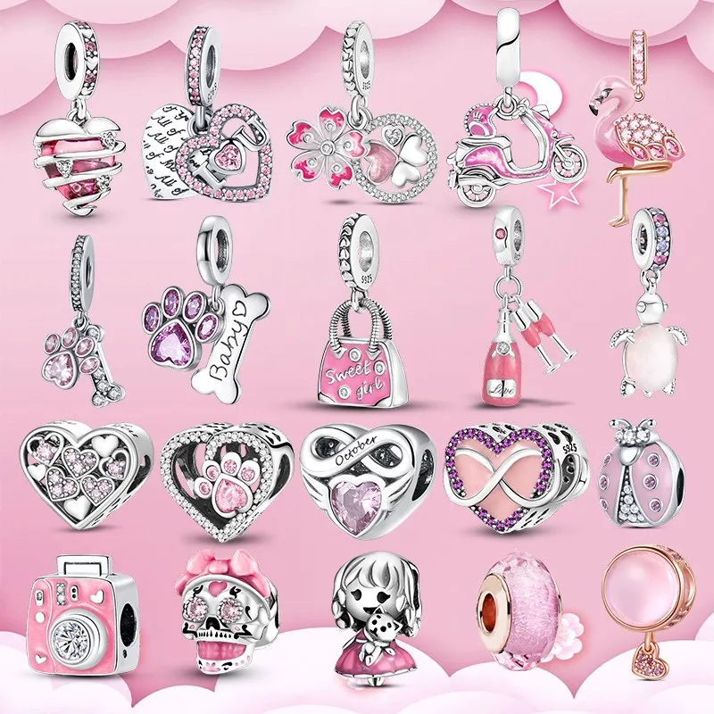 925 Sterling Silver Pingente Charms para Pandora Caixa original Centro de tartaruga clara Flamingo Flores Plaças de cachorro Centro de coração Europeu Charms de bracelete colar