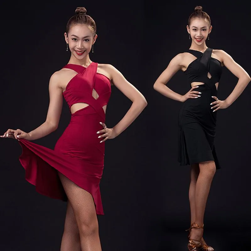 Stage Wear Summer Latin Dress For Women Halter Neck Backless Dance Red / Black Practice Samba Rumba Performance Costume BL6389Stage