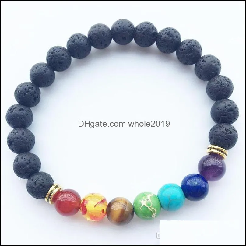 hot natural black lava stone bracelets energy 7 reiki chakra healing balance 8mm colorful beads bracelet for men women stretch yoga