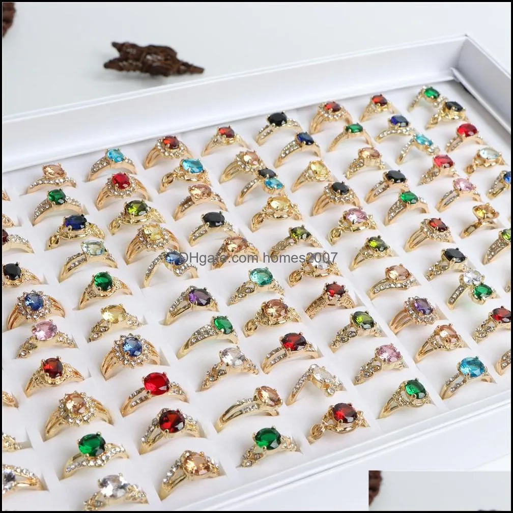 50Pcs/Lot Fashion Sparkling Zircon Gold Color Rings For Women Engagement Wedding Jewerly Colorful Party Gift Wholesale