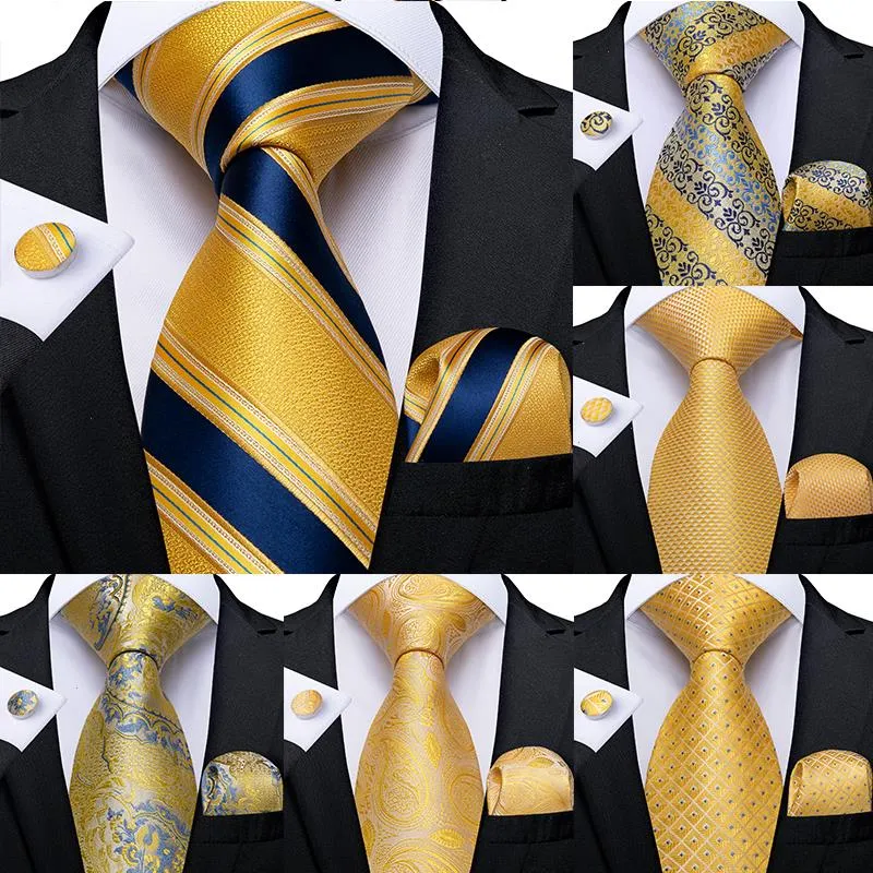 Moda hombre corbata amarillo azul rayas Paisley Plaid boda de seda para diseñador conjunto de gemelos y pañuelo