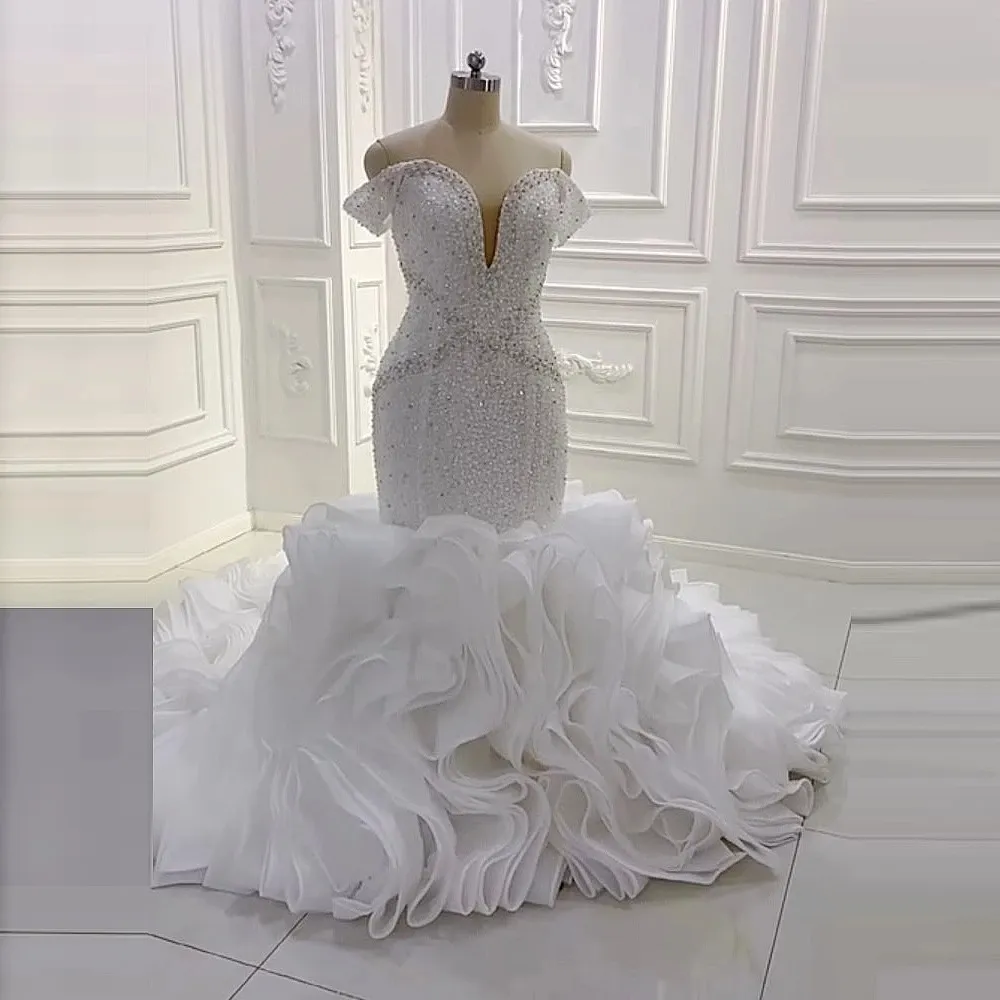 Mermaid Wedding Dress, Plus Size Bridal Gown With Organza Ruffle Chapel  Train, Beaded Sequin Embellishments, Off The Shoulder Sleeveless, Lace Up  Back, Modern Capped Sleeve For Garden Weddings From Myohmydress, $480.03 |