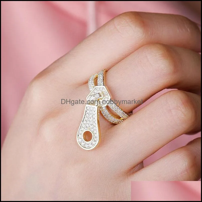 Fashion Hip Hop Rings Yellow White Gold Plated Bling CZ Diamond Zipper Rings for Men Women Nice Gift