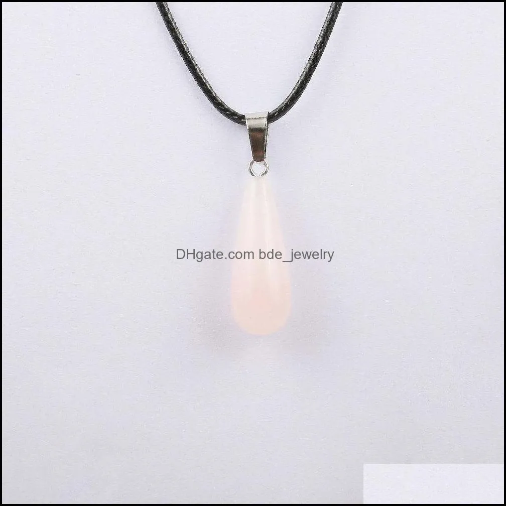 natural stone crystal quartz opal long water drop pendant & necklace leather chains for men women fashion jewelry