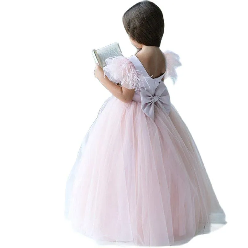 소녀의 드레스 핑크 꽃 소녀 드레스 생일 웨딩 파티 휴가 신부 들러리 얇은 명주 그물 레이스 드레스 걸어