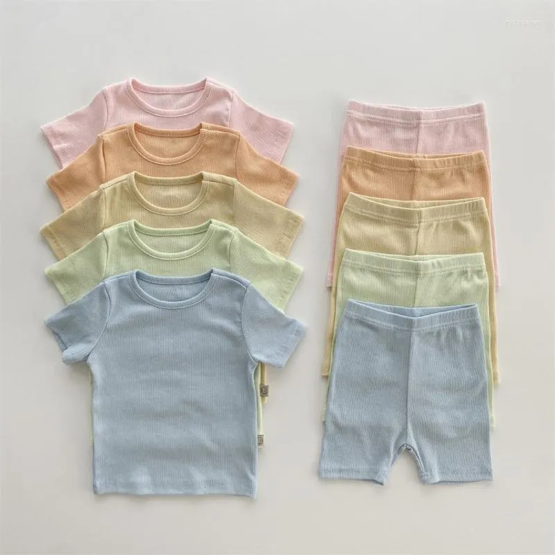 Giyim Setleri Sevimli Bebek Kız Basit Katı Şeker Renk T-Shirt Yumuşak Konforlu Kısa Kollu Tees Pamuk Şort 2 PC SET Çocuk Boy Suitclothing