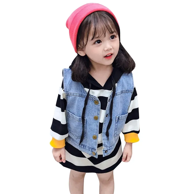 Kinderkleding Set denim vest gestreepte jurk babymeisjes kleren patchwork meisjes sets peuter kinderpakken 210412