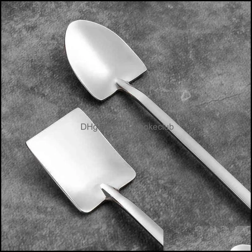 Tableware Stainless Steel Spade Shovel Spoons Creative Teaspoons with Long Handle Ice Cream Coffee Dessert for Kitchen Tablewares 0221