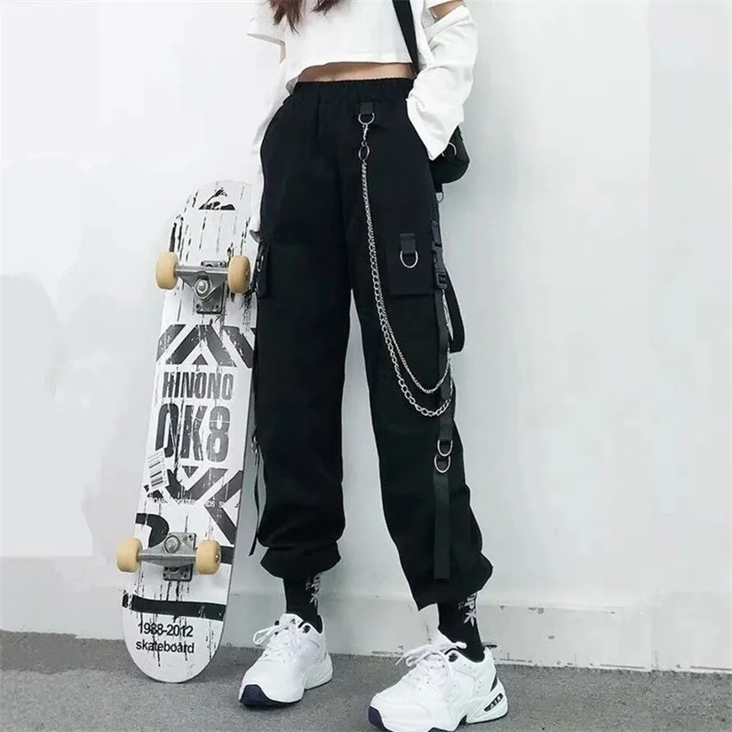 Gotik Kadınlar Kargo Pantolon Siyah Joggers Yüksek Waisted Harajuku Harem Punk Goth Techwear Zincir Pantolon Kadın Hip Hop 220325