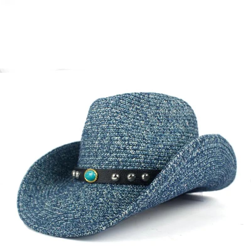 Basker retro kvinnliga män ihåliga bakpakar färg cowboy western sommar halm cowgirl sun hatt storlek 57-59cmberets