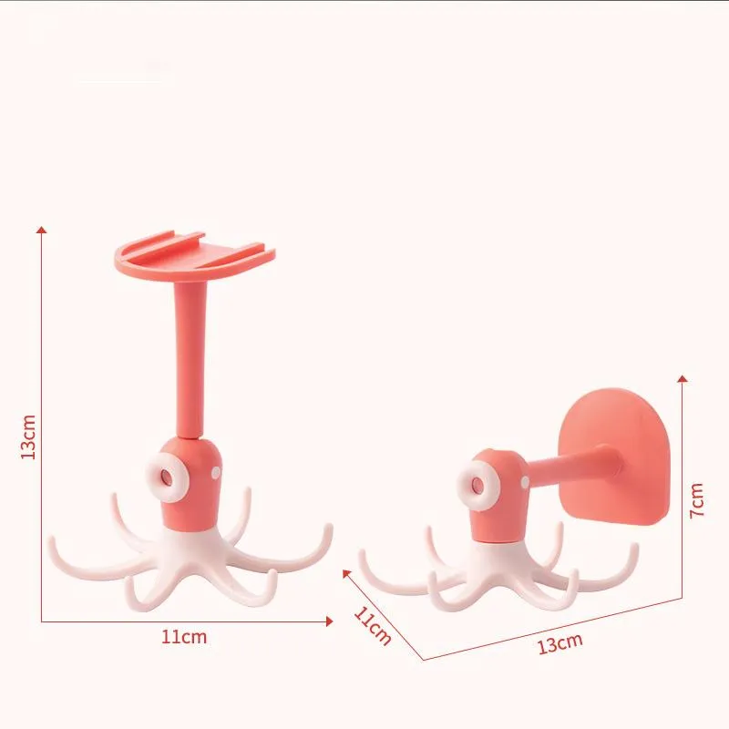 cartoon small octopus rotatable hook household kitchen six-claw strong punch-free wall-mounted non-marking sticky hook