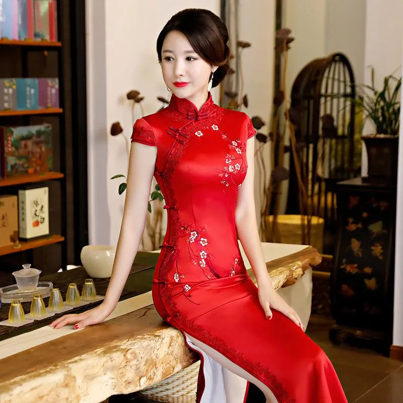 Etniska kläder Coco Lace broderi Silk Aftonklänning kinesisk röd lång qipao kvinnlig cheongsam porslin bröllopsklänningar plus storlek 4xlethnic