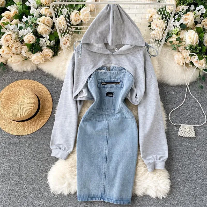 Vrouwen outfits 2022 herfst Koreaanse mode Hooded lange mouw Crop Top Hoodies en mouwloze retro denim halterjurk Two Pice Set dames Tra