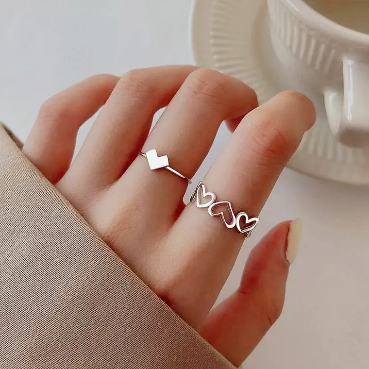 Ins Fashion Heart Band Rings 925 Silver Heart Two Pcs in a Set Free Size Finger Ring Rhinestone Jewelry