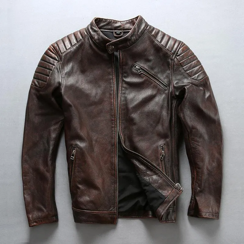 Men's Leather & Faux Genuine Jacket For Man Short Coat With Vintage Cow Motorcycle In Autumn And Winter