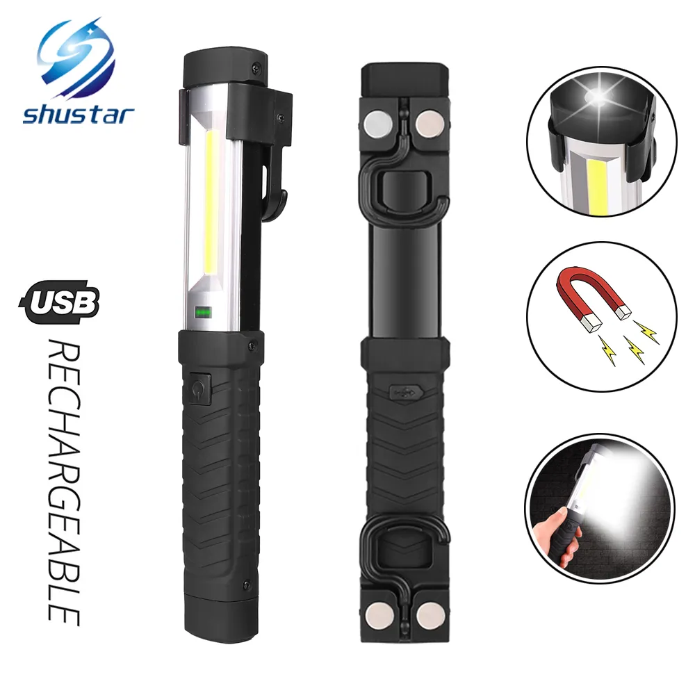 USB充電式コブワークライトグレアLED懐中電灯と、キャンプメンテナンスなどに適した強力な磁石とフック。