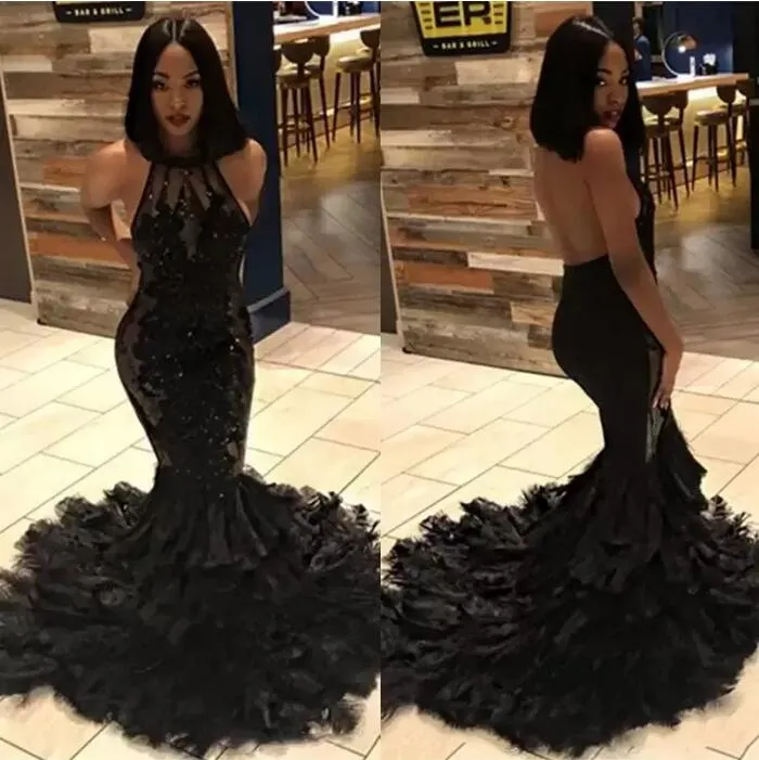 2022 Black Girl Sexy Backless Sereia Vestidos de Baile Longos Halter Illusion Tule Applique Frisado Camadas de Penas Sweep Train Vestidos de Noite BC1273 C0520526