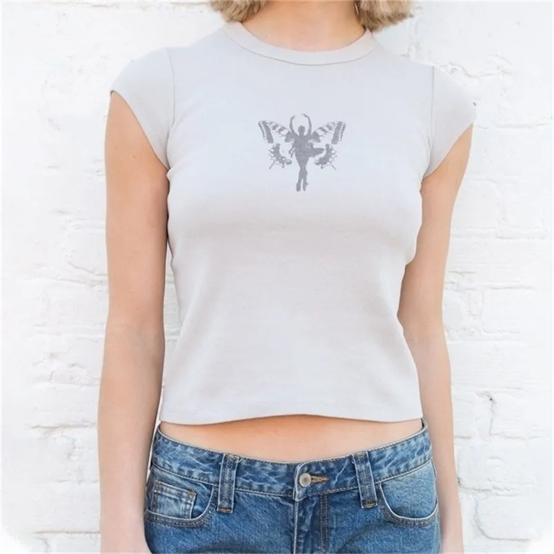 Ballet Girl Sexy Crop Top Women Summer Casual Short Sleeve O Neck Cotton Short T Shirt Vintage Streetwear Y2k Tops Woman 220408