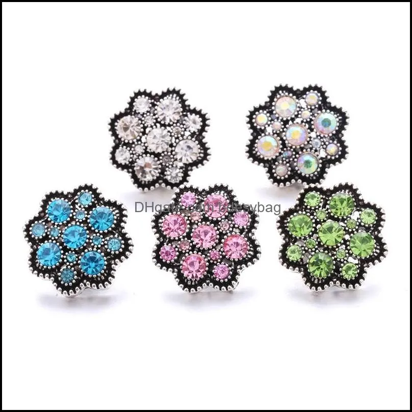 wholesale rhinestone 18mm snap button flower clasp metal zircon charms for snaps jewelry findings suppliers