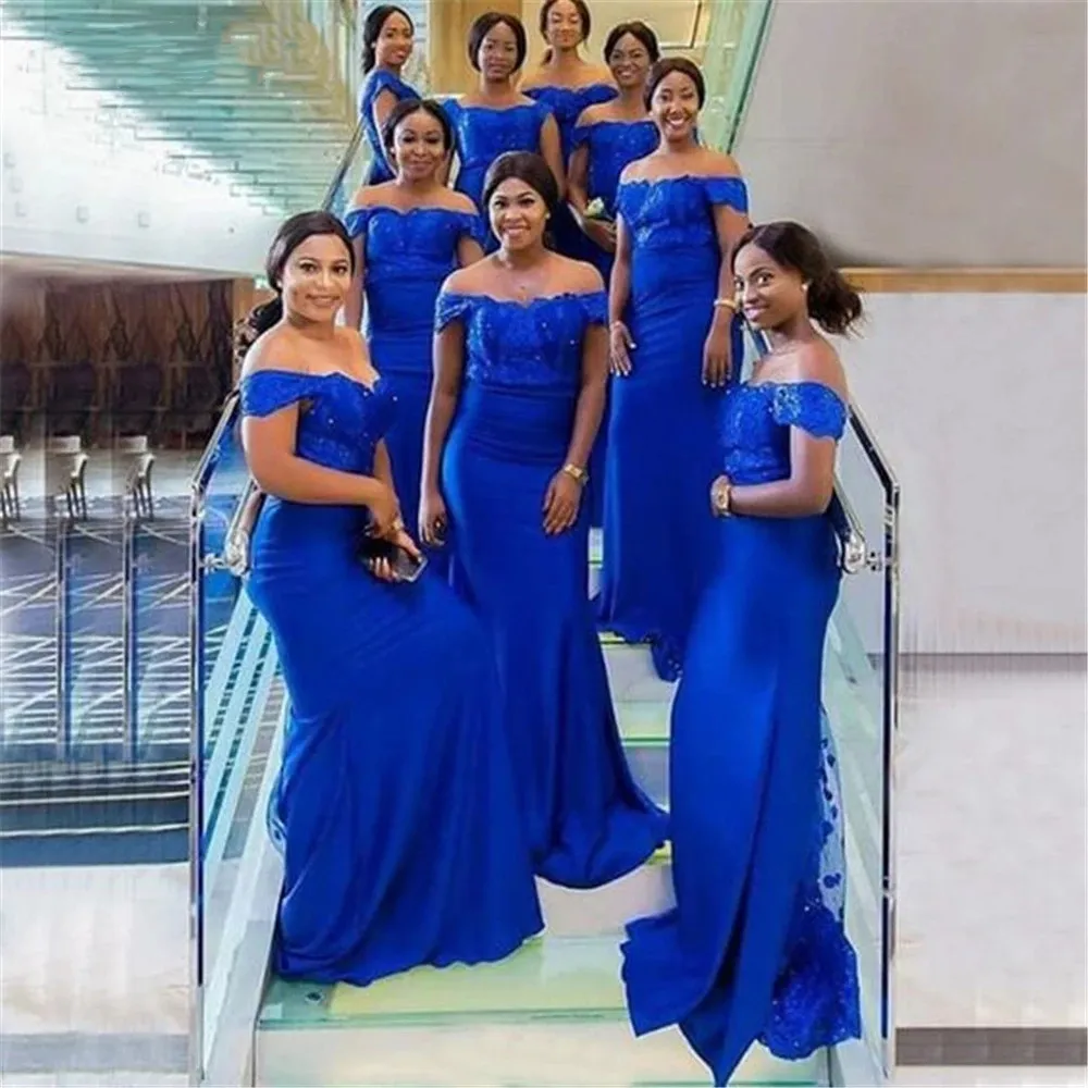 Blue Off Shoulder Lace Beaded Mermaid Bridesmaid... From Redwhitebliss,  $75.06