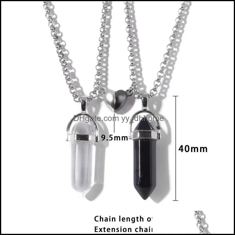 Natural Crystal Quartz Stone pendant neckace Love Heart Magnetic Button hexagonal prism necklaces For Couple Friend Gifts