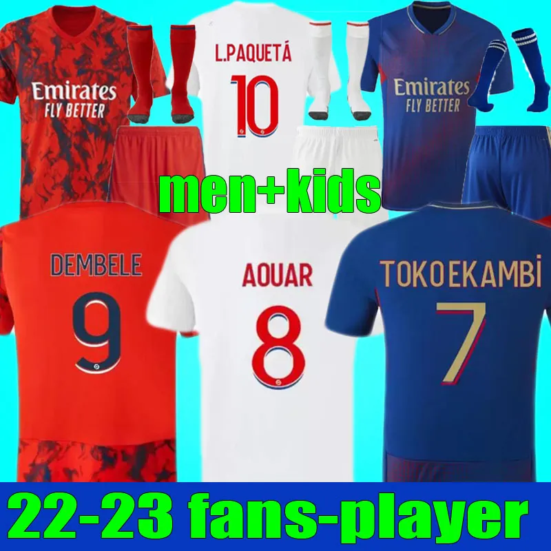 Gracz fanów Maillot Lyon 2022 2023 koszulka piłkarska cyfrowe czwarte koszule piłkarskie 22 23 TOKO EKAMBI Cherki Aouar Home L.paqueta Dembele Men Men Set Kit Kit Kit zestaw