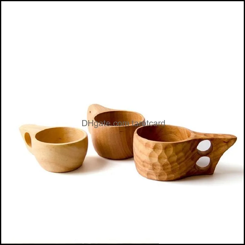 Nordic Style 4 Kinds Rubber Wood Cups with Handle Kuksa Wooden Coffee Mugs with Rope Handmade Two Holes Portable Drinking Water