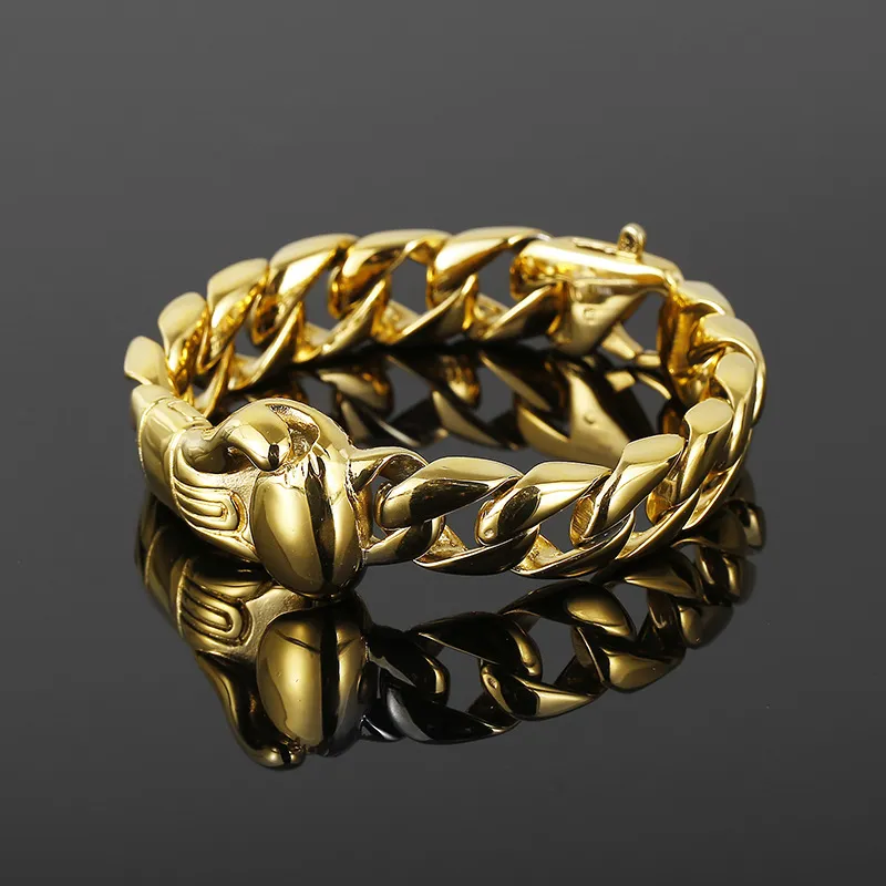 15 mm 18K Gold Sports Bokser Bokser Bokser Łańcuch biżuterii chłopcy Mens Punk 316L Stal nierdzewna gładka kubańska krawężnik bransoletki Pulsera Pulsera