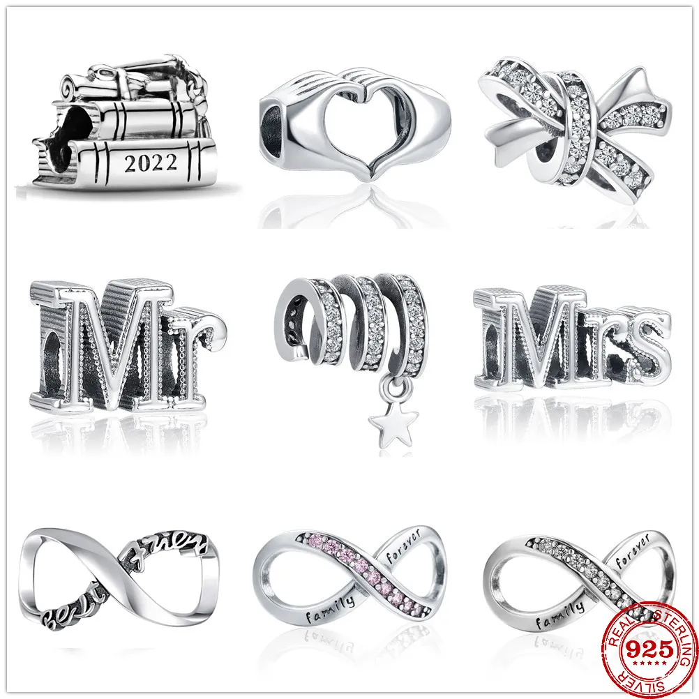 925 Sterling Silver Dangle Charm Infinite Forever Family Love Mr Mrs Beads Bead Fit Pandora Charms Bracelet DIY Jewelry Accessories