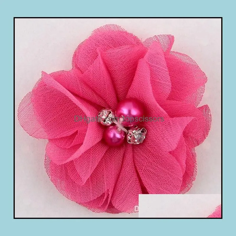 27colors Chiffon Flowers With Pearl Rhinestone Center Artificial Flower Fabric Flowers Children Hair Accessories Baby Headbands Flower