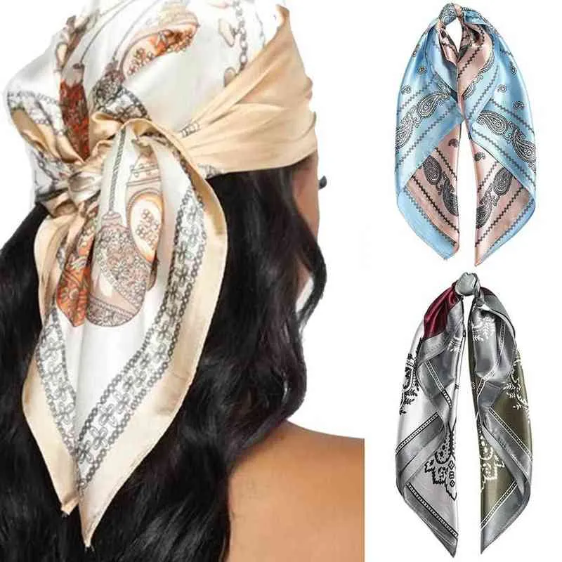 60*60CM Printing Bandanas Hair Bands For Girls Women Square Satin Scarf Fashion Turban Headband New Vintage Hair Accessories AA220323