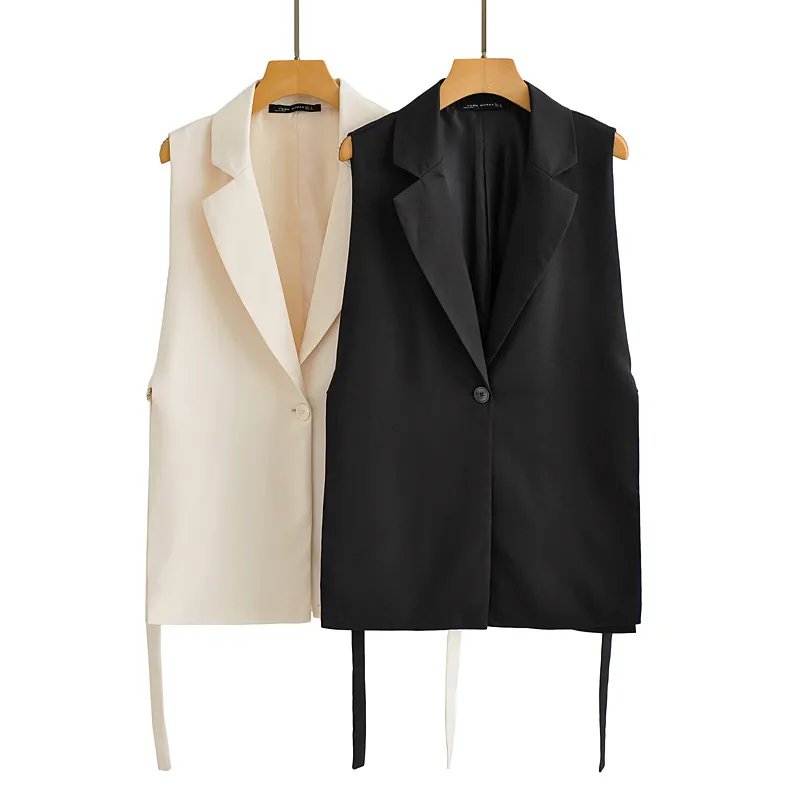 ZXQJ Women Fashion Solid Side Slit One-Button Vest Vintage Suit Collar Sleeveless Outerwear Chic Veste Femme 220719
