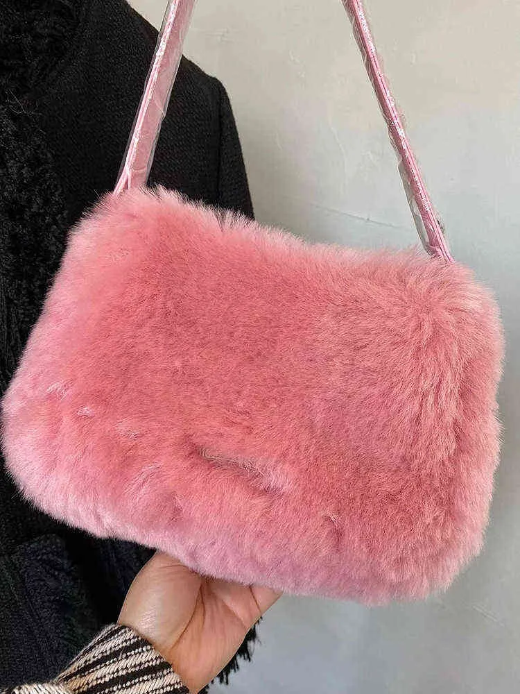 Shopping Bags Net Red NEW Plush bag leisure versatile one shoulder underarm Bag Fashion rabbit hair handbag women`s fashion 220509