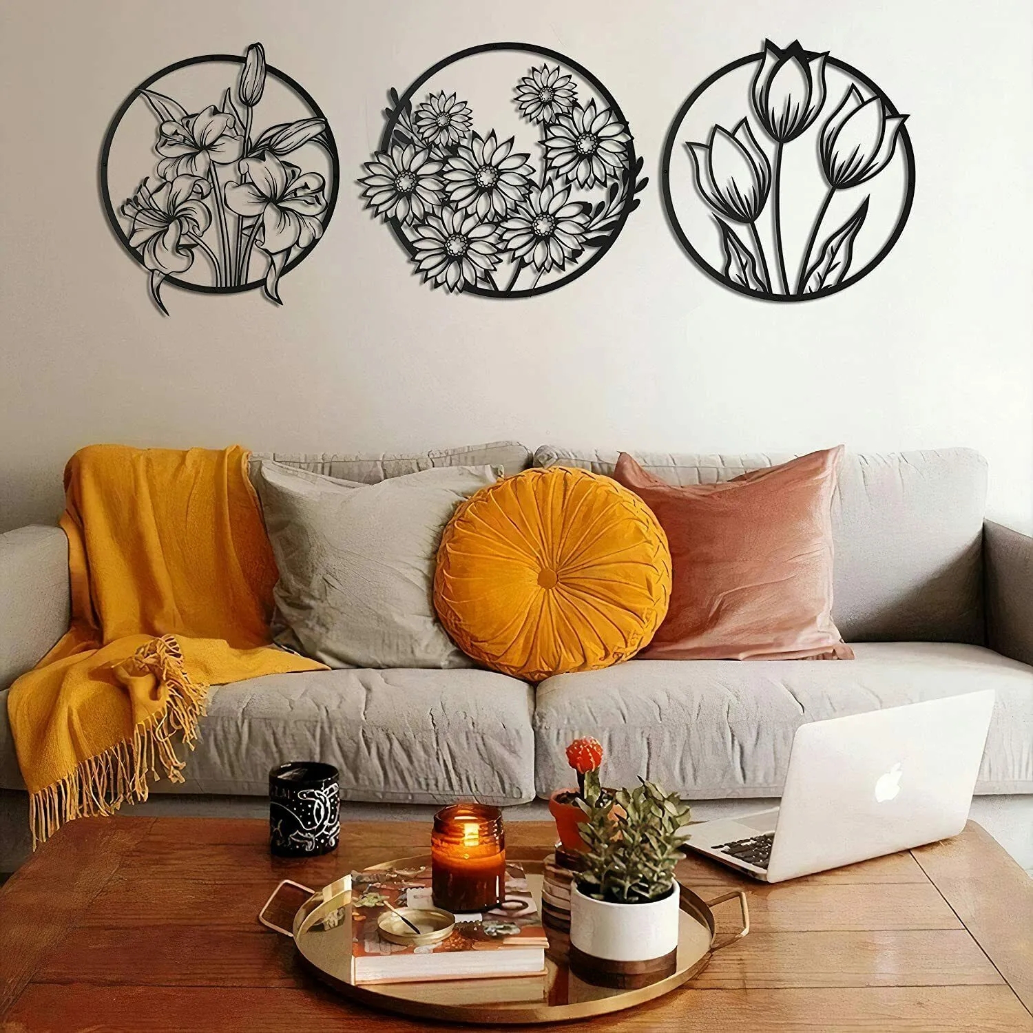 Arte de parede moderna com flores, decoração de parede de metal 3 peças para casa